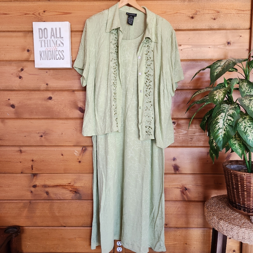 KWoman 🌻 Vintage 2 Piece‎ Maxi Dress Jacket Top Green Floral Print Plus Sz 22